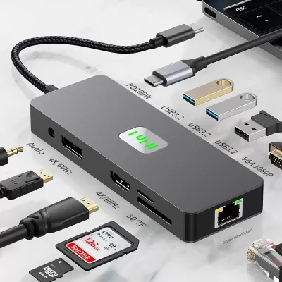 11-in-1 Aluminum Alloy Type-C Docking Station Hub 4KHD DP 100W PD Ethernet USB 3.2 Card Reader Compatible with Mac Win