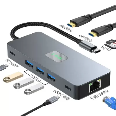 Aluminum USB-C Hub 10-in-1 with Dual 4K HDMI PD 100W USB 3.0 SD/TF RJ45 Gigabit Ethernet for Notebook or Tablet