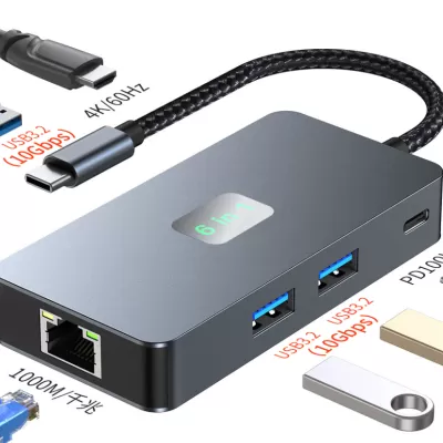 Aluminum 6-in-1 USB 3.2 Type-C Hub with 10Gbps USB 4K HDMI 100W PD Gigabit Ethernet Laptop Docking Station